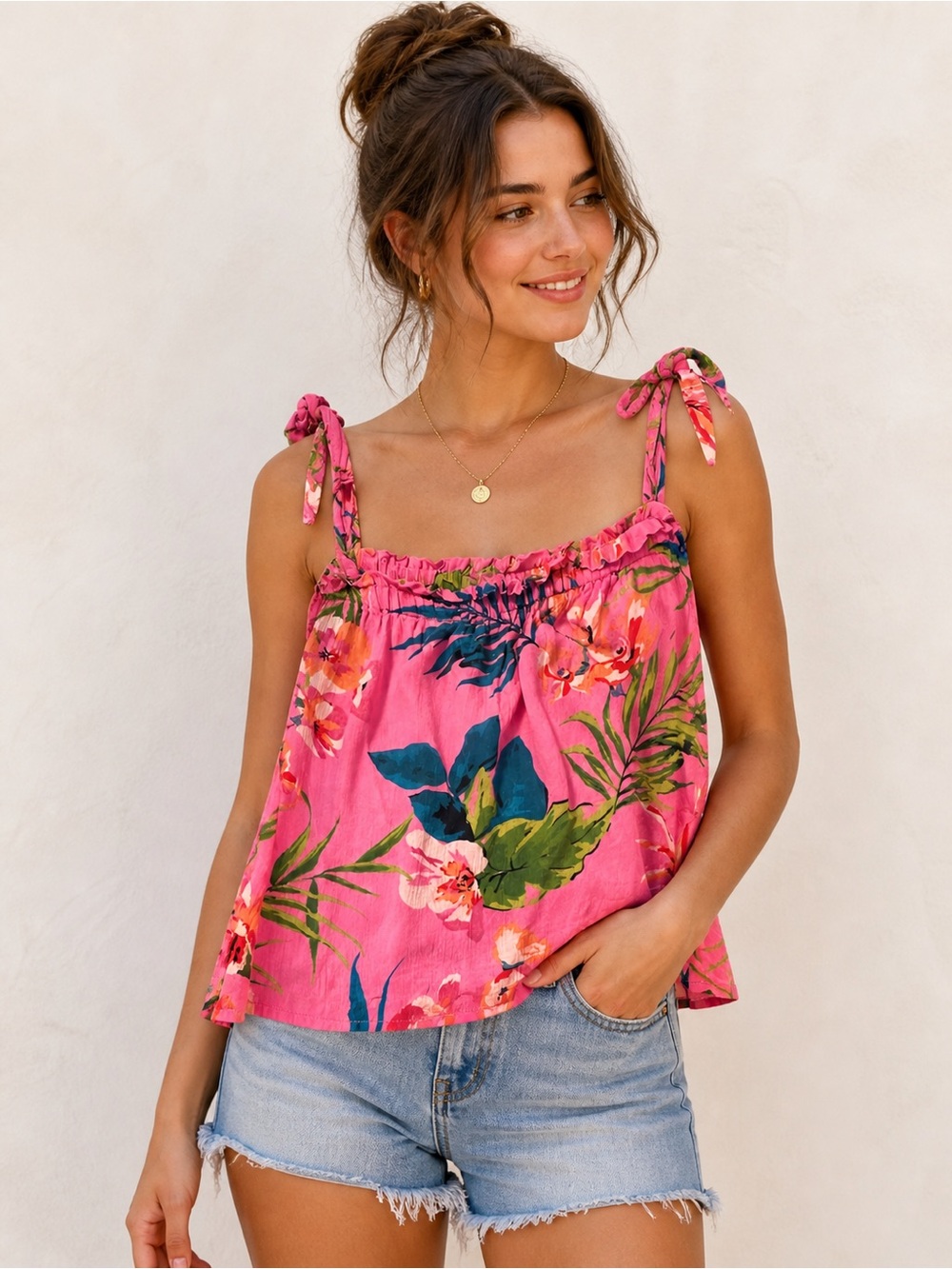 Billabong Tropical Floral Tie Strap Tank Top Pink Boho Beachy Large Vacation